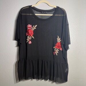 ***SOLD*** SHEIN Black Sheer Blouse with Red Floral Embroidery